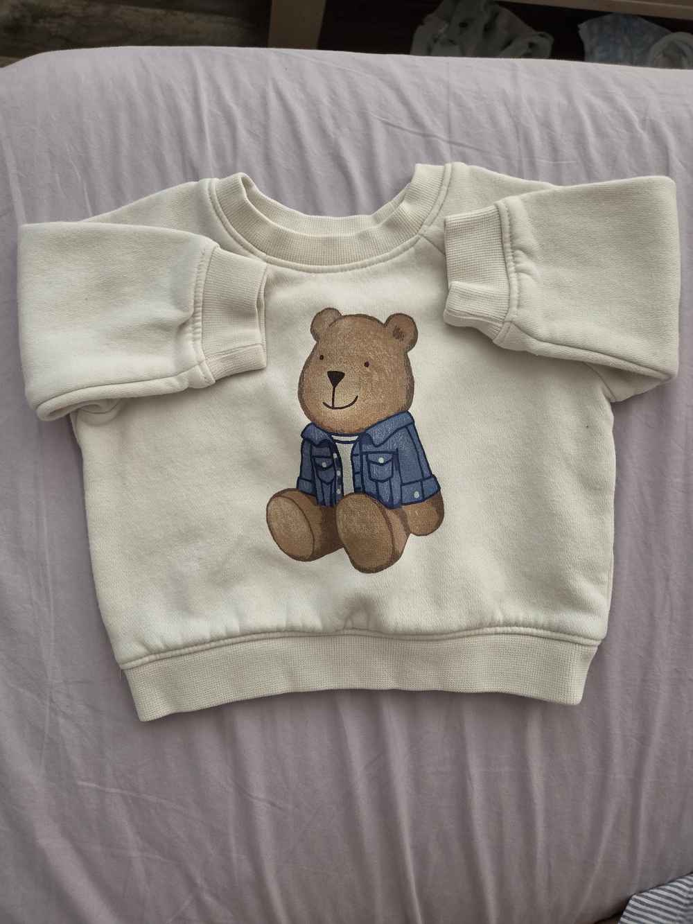 Gap Cream Baby Sweatshirt with Brown Bear in Blue Jacket